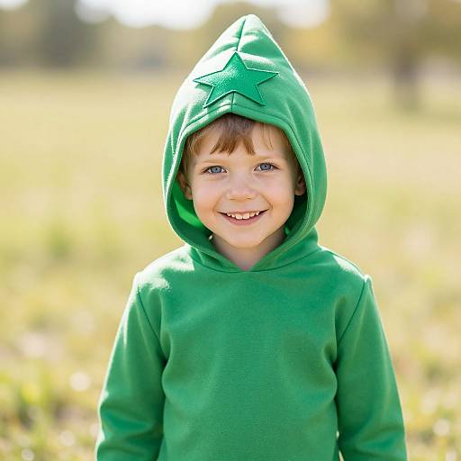 Photograph of a smiling young boy with blue eyes, wearing a green hooded sweatshirt with a star on the hood, standing in a sunlit