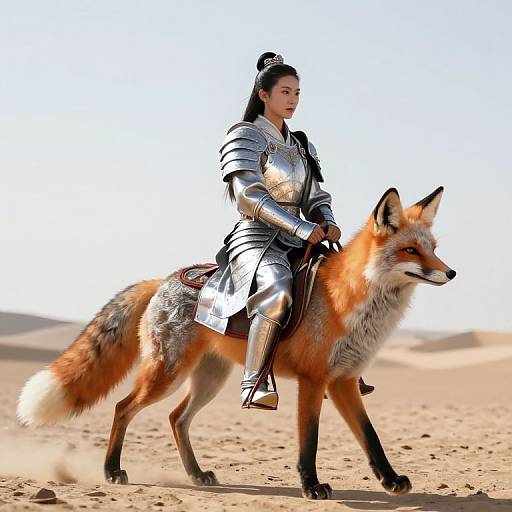 Epic photograph of an Asian woman in silver armor riding a fox through a desert, blending historical and fantasy elements.
