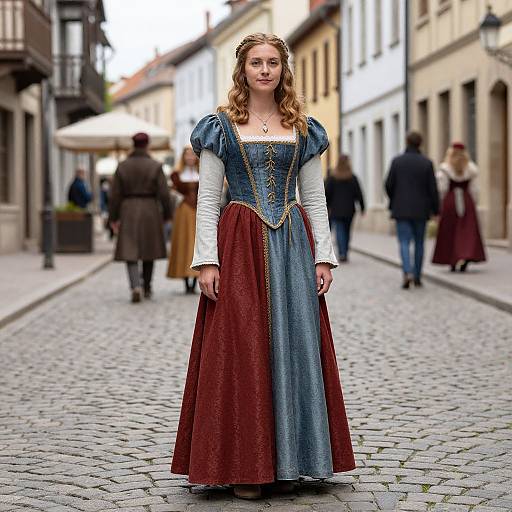 Photograph of a young woman with wavy blonde hair in a medieval-style dress with blue and red halves, standing on a cobblestone street in