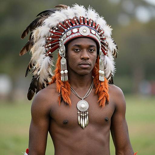 Photograph of a shirtless, dark-skinned man wearing a white and red feathered headdress with orange accents, silver necklaces, and detailed
