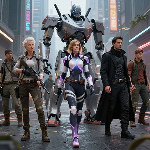 CGI scene of a futuristic city street with four people: a white-haired woman in tactical gear, a blonde woman in a glowing bodysuit,