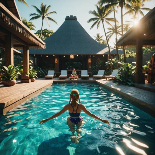 Woman Relaxing in Tropical Pool at Sunset