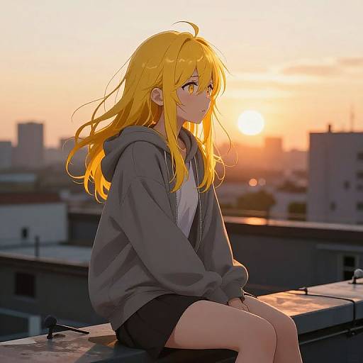 Anime-style digital drawing of a blonde girl with yellow eyes, wearing a grey hoodie and black shorts, sitting on a rooftop at sunset with a cityscape