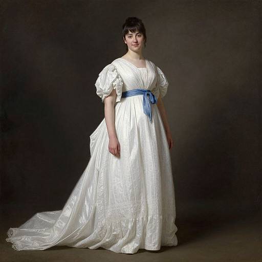 Photograph of a fair-skinned woman with dark hair in a Victorian-style white gown with puffed sleeves and blue ribbon, standing against a dark background