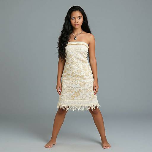 Photograph of a young woman with long black hair, wearing a white lace strapless dress, standing barefoot against a plain gray background.