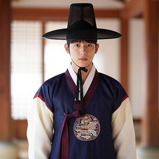 Photograph of a young Asian man in traditional Korean hanbok with a black hat, dark blue and white robe, and detailed circular emblem, standing