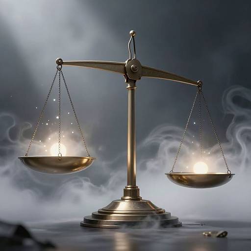 Digital illustration of a golden balance scale with glowing, ethereal light in each bowl, set against a misty, blue-gray background.