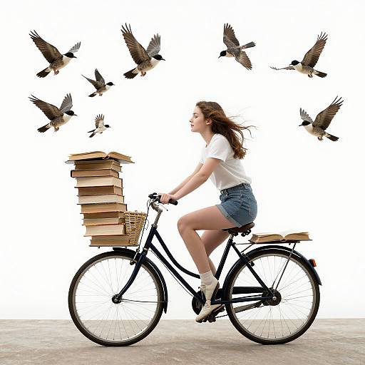Photograph of a woman with brown hair in a white t-shirt and denim shorts riding a black bicycle, with books on the basket and birds flying above