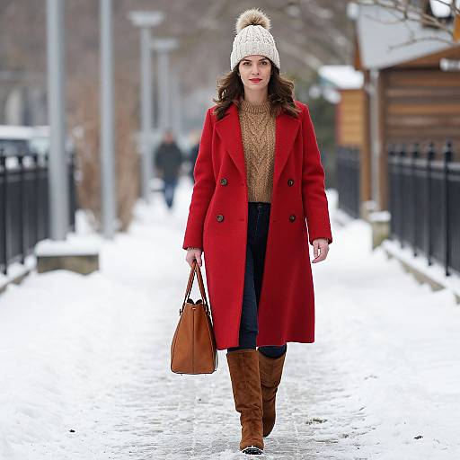 Photograph of a woman with curly brown hair, wearing a red coat, knit hat, brown sweater, black skirt, and brown boots, carrying a