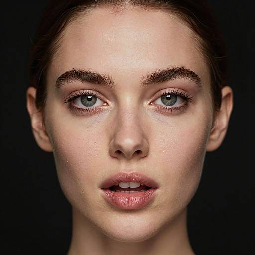 Photorealistic close-up of a young woman with fair skin, blue eyes, full lips, dark brown hair, and dark eyebrows against a black background
