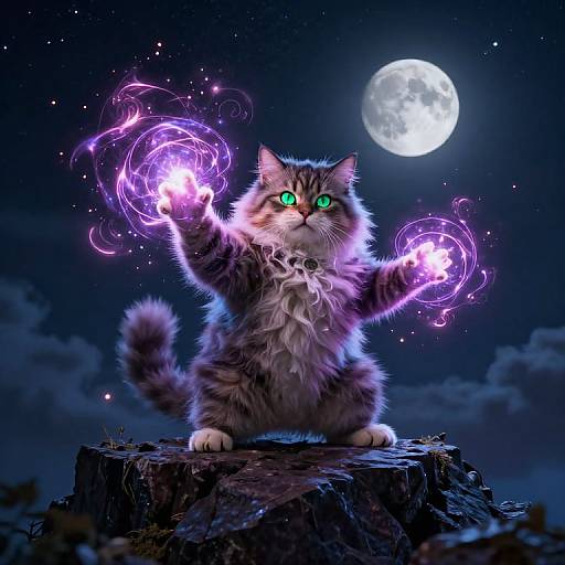Digital art of a fluffy, green-eyed, magical cat with purple glowing paws, standing on a rocky cliff under a full moon.