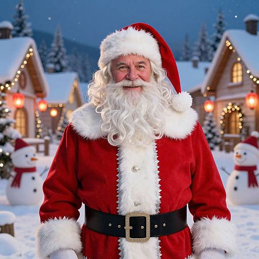 Photograph of a jovial Santa Claus with a white beard and red suit, standing in a snowy village at dusk, with decorated houses and snowmen