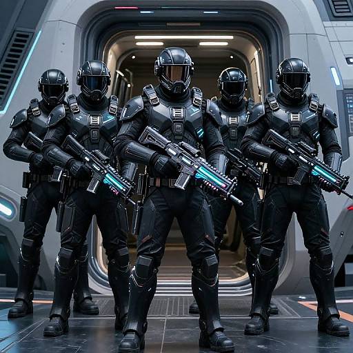 Four armored, helmeted soldiers with glowing blue guns stand in a futuristic, metallic doorway, ready for action. Sci-fi CGI image.