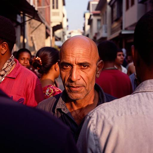 Photograph of a bald, middle-aged Indian man with a serious expression, wearing a dark shirt, surrounded by a busy, colorful street market.