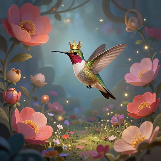 Digital illustration of a hummingbird with a gold crown, hovering above vibrant pink and red flowers in a magical, blue-lit garden.