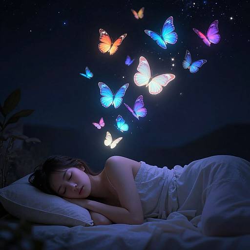 Photograph of a sleeping woman in white nightgown, surrounded by glowing blue, pink, and orange butterflies against a dark night sky.