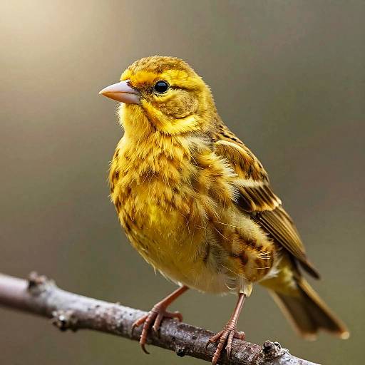Photograph of a small, fluffy yellow and brown chickadee with black spots, perched on a branch against a blurred green background.