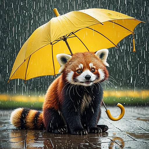 Charming Red Panda Under Yellow Umbrella