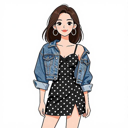 Digital illustration of a smiling woman with medium-length brown hair, wearing a denim jacket over a black polka dot dress, large hoop earrings, and a