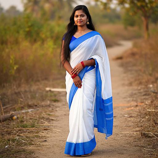 Photograph of an Indian woman with long black hair, wearing a white and blue sari, red bangles, standing on a dirt path with blurred