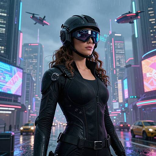 CGI image of a woman in a black leather suit, helmet, and visor, standing in a neon-lit, rainy cyberpunk city.