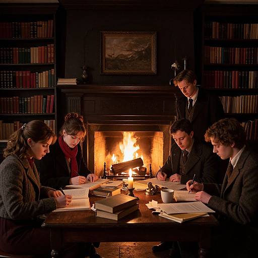 Photograph of five students in formal attire studying around a wooden table with a lit fireplace in a library. Warm orange flames contrast with dark bookshelves