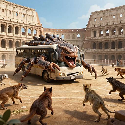 CGI image of a monstrous, shark-like creature with multiple limbs attacking a bus in the Colosseum, surrounded by running hyenas.