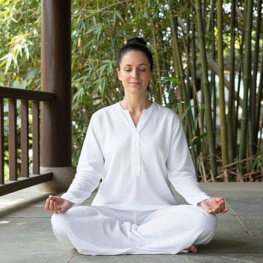 Photograph of a serene woman with dark hair in a bun, wearing a white traditional outfit, meditating in a bamboo-filled outdoor pavilion.
