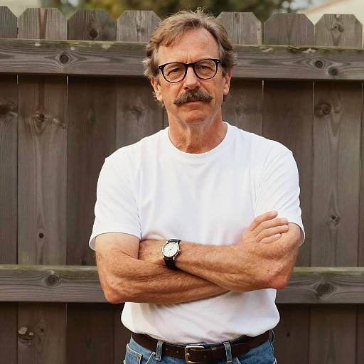 Middle-aged man with glasses, mustache, white t-shirt, and black watch, stands with arms crossed against a wooden fence. Photograph.
