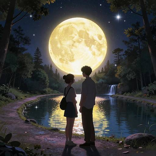 Anime-style digital illustration of a couple standing by a moonlit pond, gazing at a large, glowing full moon, with a small waterfall in the