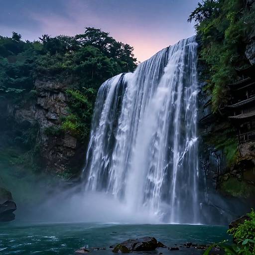 Photograph of a powerful waterfall cascading down a rocky cliff, surrounded by lush greenery, mist rising from the pool below, under a twilight sky