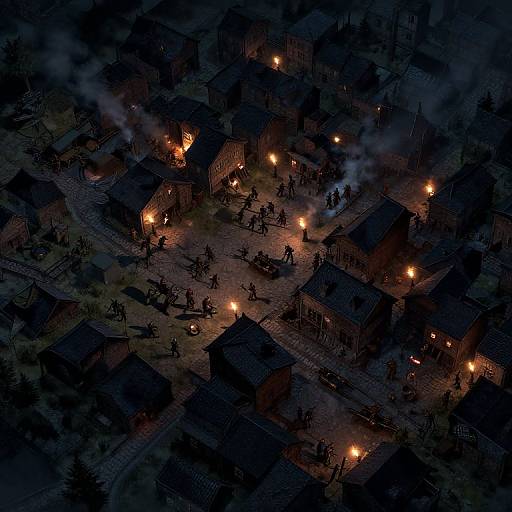 Aerial photograph of a nighttime, 19th-century Western town with wooden buildings, scattered torches, and people gathered, surrounded by smoke.