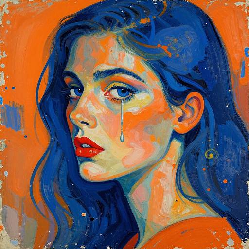 Vibrant digital painting of a sad woman with blue hair, red lips, tear, and orange background, featuring bold colors and expressive brushstrokes