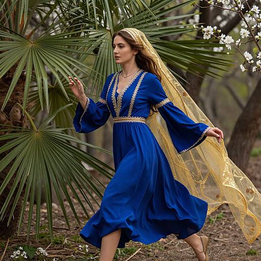 Photograph of a woman with long brown hair, wearing a blue dress with gold trim and a yellow lace veil, walking through a forest with palm trees