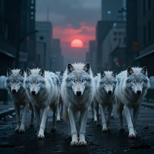 Photograph of five glowing-eyed, blue-eyed wolves walking in a row down a dark, urban street at sunset with a red sky.