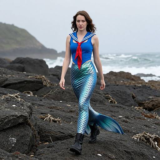 Photograph of a pale-skinned, brunette mermaid with a blue sailor top, red bow, and shimmering blue scales, walking on black rocky