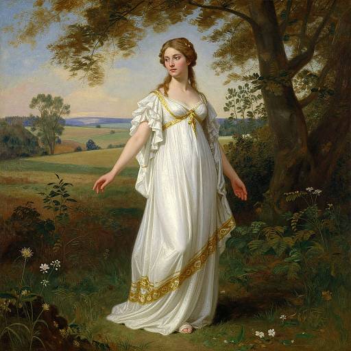 Classical painting of a fair-skinned woman with brown hair in a white, gold-trimmed Greek-style gown, standing in a lush, tree