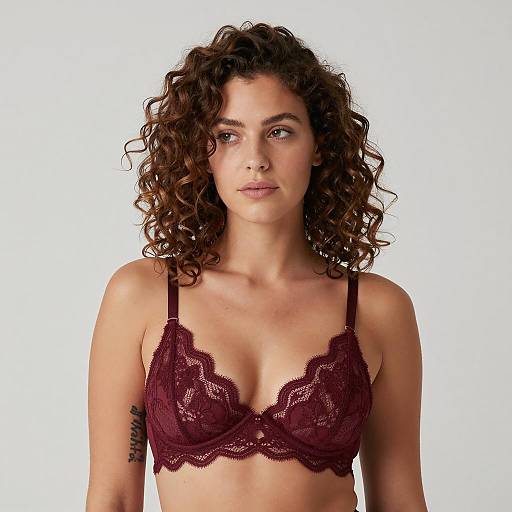 Curly-Haired Woman in Maroon Lace Bra