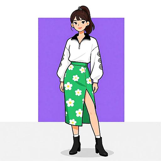 Chic Woman in Floral Midi Skirt