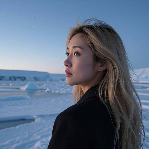 Photograph of a blonde woman with fair skin, wearing a black coat, standing in a snowy, icy landscape at twilight.
