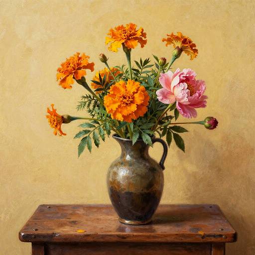 Still Life with Orange Marigold and Pink Peony