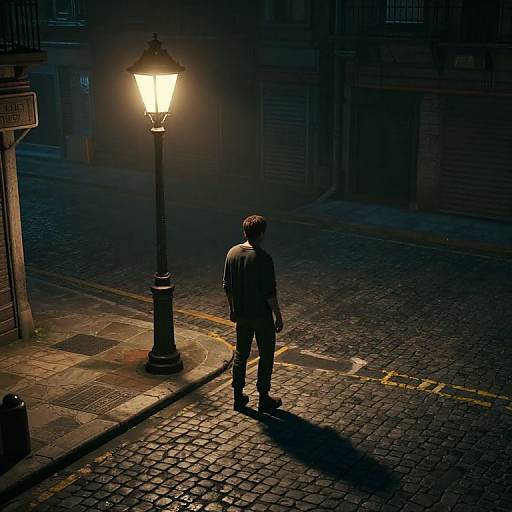 Photograph of a solitary man in dark clothes standing on a dimly lit, cobblestone street at night, illuminated by a glowing streetlamp.