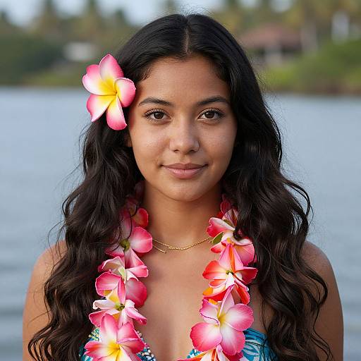 Photograph of a young South Asian woman with long black hair, wearing a pink and yellow plumeria flower in her hair and a matching lei,