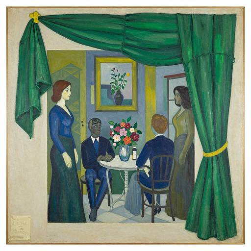 Fauvist-style painting of four elegantly dressed people, two women and two men, around a table with a floral bouquet, in a room