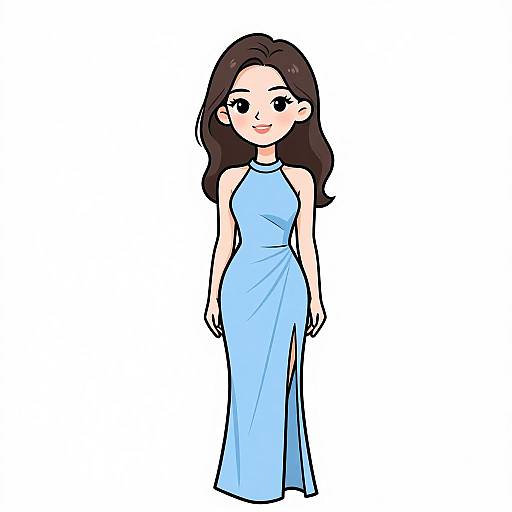 Digital cartoon of a smiling woman with long brown hair, wearing a sleeveless, light blue, floor-length, halter-neck gown.