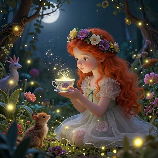 Digital fairy tale painting of a red-haired girl in a flower crown, white dress, holding a glowing teacup, surrounded by glowing fireflies,