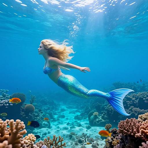 Photograph of a blonde mermaid with a shimmering blue scales and tail, swimming gracefully in a vibrant underwater coral reef, illuminated by sunlight.