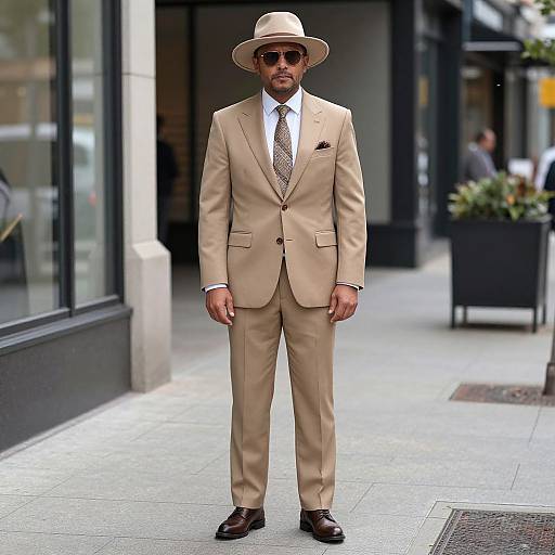 Man in Tan Suit and Hat on Sidewalk