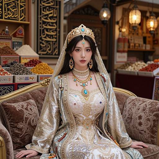 Photograph of an East Asian woman in ornate, silver, gold-trimmed traditional attire with a turquoise tiara, necklace, and earrings,
