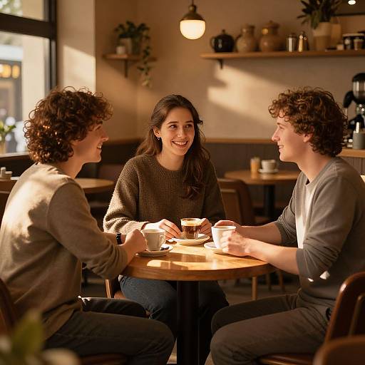 Photograph of three young people with curly brown hair, smiling at a cozy café table, holding mugs, bathed in warm sunlight.